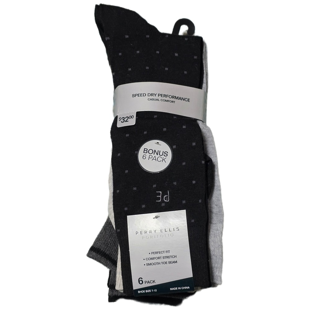 Perry Ellis Portfolio Mens 6 Pack Socks Speed Dry Casual Comfort Shoe‎ Size 7-12